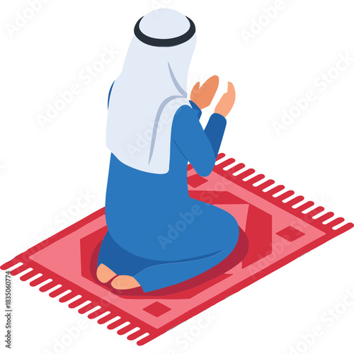 Person In Traditional Blue Robe And White Headscarf Kneeling On A Red Prayer Rug In Prayer With Hands Raised In Supplication
