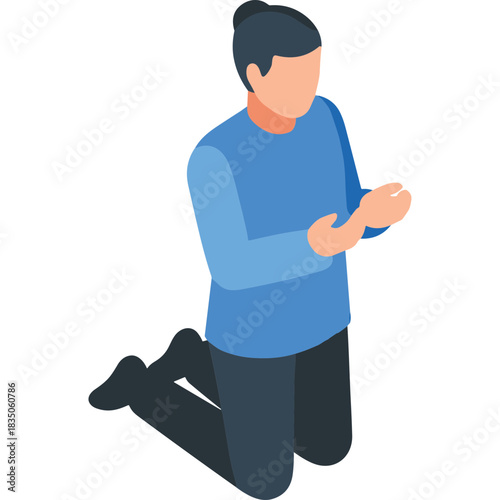 Person kneeling with hands clasped in prayer or supplication in blue sweater and dark pants isometric view