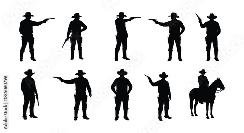 Silhouettes of cowboys in various poses including riding a horse