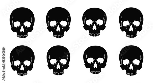 Eight black skull silhouettes arranged in a grid pattern on a white background