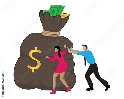 Vector illustration design of a male and female worker and businessman pushing a large bag containing banknotes and gold coins