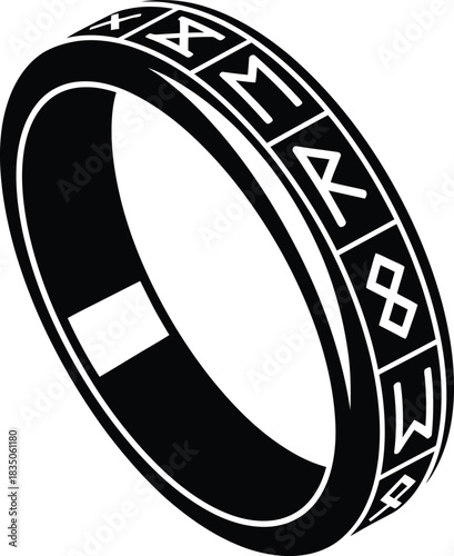 Black Ring with Ancient Runes Engraved Around the Band on White Background jewelry accessory