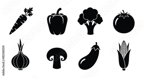 Black and white illustration featuring various vegetables and a mushroom