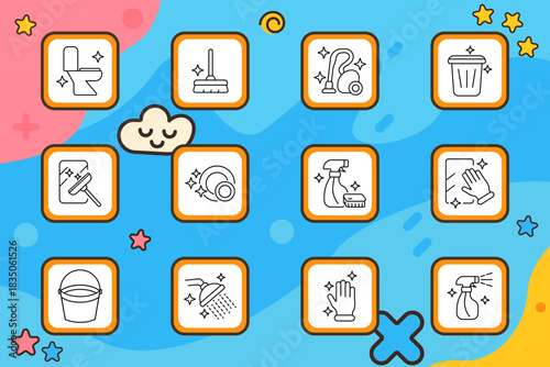 Cleaning set icon. Toilet, broom, vacuum, trash bin, squeegee, dish, spray, glove, bucket, shower, brush. Hygiene, sanitation, household, tidiness, tools.
