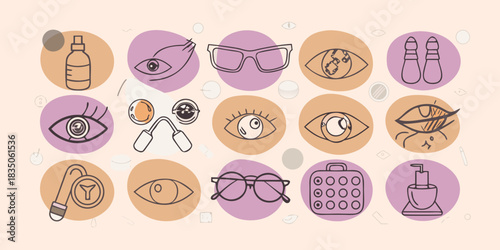 Eye care and vision correction doodle style illustration with glasses lenses drops and eye exam tools on pastel background