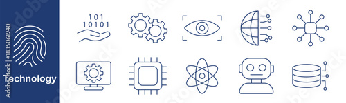 Technology set icon. Code, gear, eye, globe, network, screen, chip, atom, robot, database. Innovation, science, system, digital, software, automation, development, AI, circuit, data.