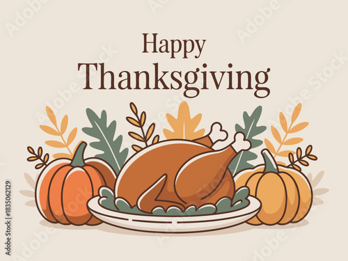 Thanksgiving Day Greeting with Turkey, Pumpkins, and Fall Leaves on Plate