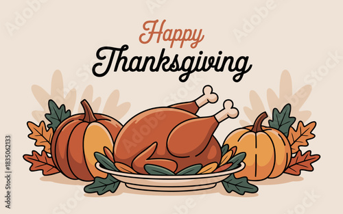 Thanksgiving Day Greeting Featuring Turkey, Pumpkins, and Fall Foliage on Plate