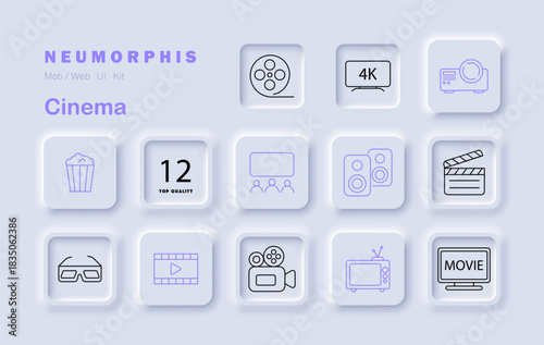 Cinema set icon. Includes projector, film reel, screen, audience, popcorn, clapper, camera, 3D glasses, speaker, TV, monitor, movie label, number badge
