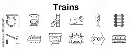 Trains set icon. Station clock, front train, curved rail, map route, signal light, railway track, crossing gate, locomotive, bridge, tunnel, stop sign, subway train.