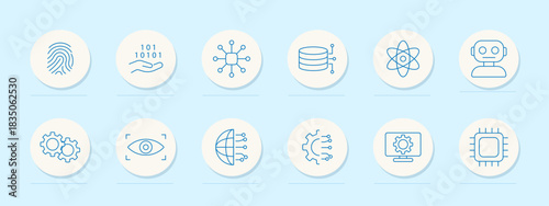 Technology and AI set icon. Fingerprint, binary hand, neural nodes, data server, atom structure, robot head, gear, eye scan, global net, circuit, monitor gear, processor chip.