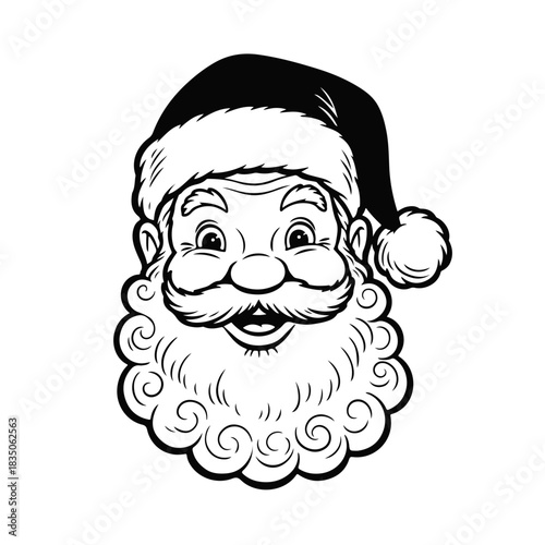 Santa Claus head in cartoon festive style with fluffy beard and classic hat, cheerful holiday character. Santa head, Santa face, Christmas icon, holiday character, festive art