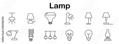 Lamp set icon. Ceiling, table lamp, LED bulb, desk, compact bulb, triple pendant, filament, modern lamp, oil lamp drawn in clean minimal line format.
