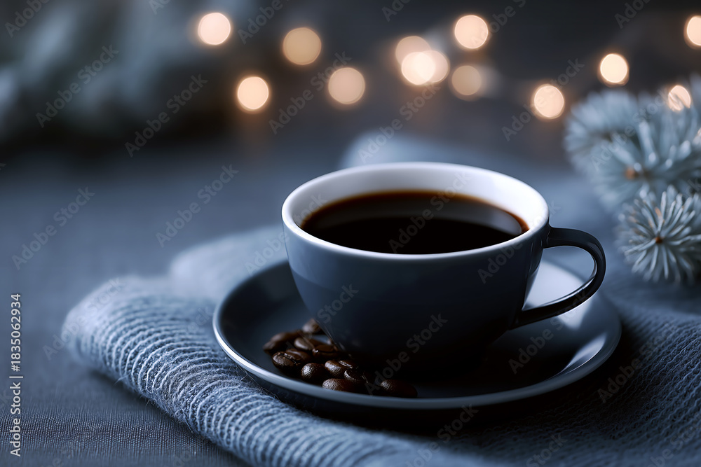 Fototapeta premium クリスマスな雰囲気の黒いカップに入ったコーヒー