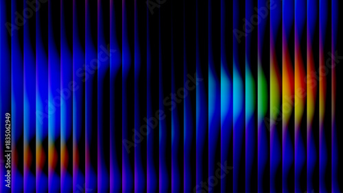 Wavy reeded glass stripes background, vertical neon colorful lines on dark gradient with glossy glow for modern wallpaper, banners, posters, and tech headers