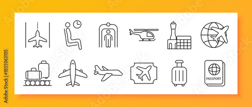 Airport set icon. Plane, helicopter, terminal, passport, globe, baggage, ticket, seat, runway, tower, flight, travel, departure, arrival, aviation, transport, check-in, waiting, control, air.