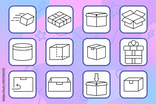 Package set icon. Box, gift, parcel, return, shipping, tape, unboxing, delivery, product, present, wrap, logistics, container, move, send.