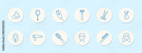 Haircare set icon. Circular outlined icons with scissors, razor, spray, brush, mirror, cream, clipper, dryer, woman, man, comb, and hairstyle symbols in grooming context
