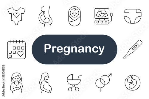 Pregnancy set icon. Baby clothes, belly, newborn, ultrasound, diaper, calendar, thermometer, pregnant woman, stroller, gender, fetus, motherhood, family, care, health, growth, parenthood