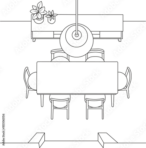  Modern and simple dinning room top view line art.