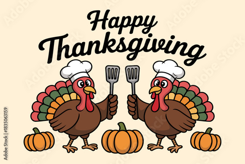 Cute Thanksgiving Design with Two Turkeys in Chef Hats and Fall Pumpkins