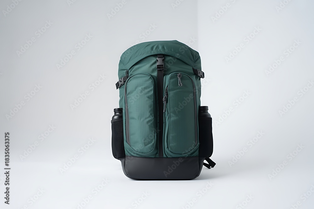 Naklejka premium Modern green hiking backpack ready for outdoor adventures and travel, stylish design with water bottles perfect for camping, hiking, or everyday use in the city