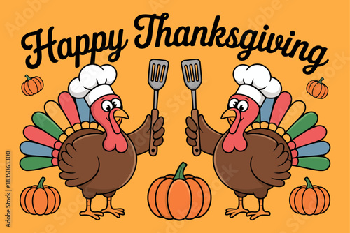 Happy Thanksgiving with Two Chef Turkeys and Colorful Pumpkins Design