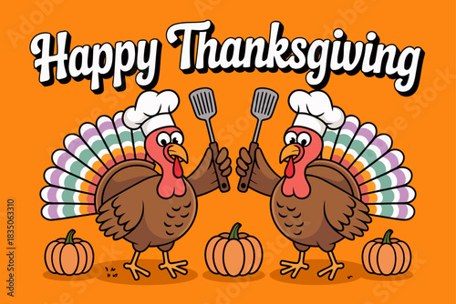 Thanksgiving Day Greeting Featuring Two Turkeys in Chef Hats and Pumpkins