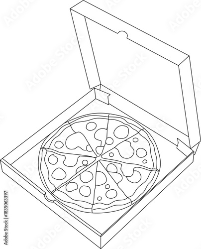 Pizza in open delivery box outline line art illustration
