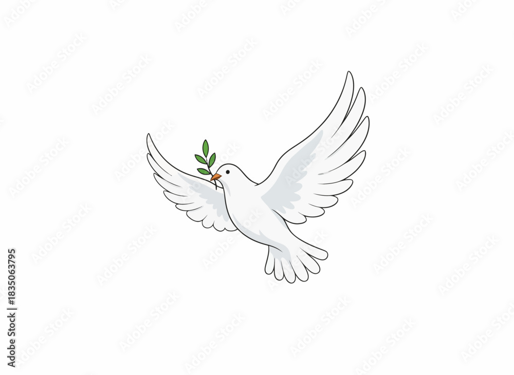 Obraz premium Elegant vector illustration featuring a beautiful white dove soaring with an olive branch in its beak, embodying universal symbols of peace, purity, and new beginnings