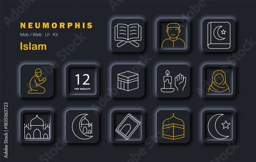 Islam set icon. Depicts Quran, prayer man, book with crescent, Kaaba, hijab woman, candle with hand, mosque, prayer rug, crescent mosque, moon with star, number badge