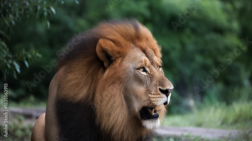 A powerful and majestic male lion with a striking mane gazes into the distance, embodying the untamed spirit and natural beauty of the wild in a serene green environment