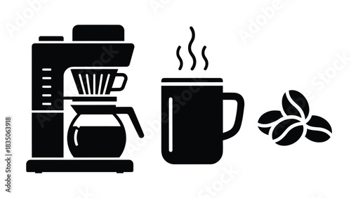 Black Icon of a Drip Coffee Maker with Coffee Cup coffee beans