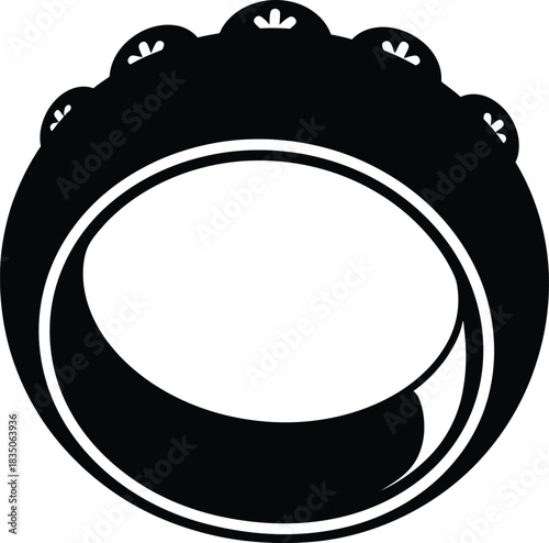 Black Silhouette Of A Tambourine With Decorative Edges And A Large Oval Opening Keywords: tambourine, musical instrument, percussion, music, sound, rhythm, beat