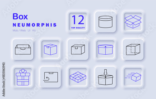 Box set icon. Closed, open, folded, shipping, cube, return, package, mail, cardboard, present, moving, parcel packaging icons for logistics, gift, transport, storage, delivery, item.