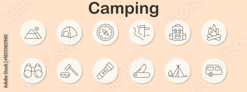 Camping set icon. Mountains, tent, compass, path sign, backpack, campfire, binoculars, axe, flashlight, knife, teepee, caravan depicted with clean outline style.