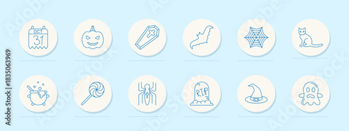 Halloween elements set icon. Calendar, pumpkin, coffin, bat, spiderweb, cat, cauldron, lollipop, spider, tombstone, witch hat, ghost face, seasonal spooky symbols.