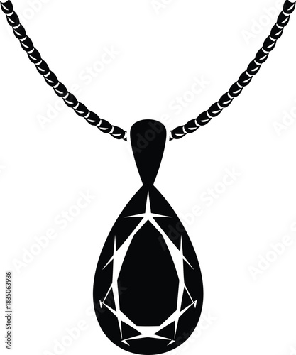 Black silhouette of a teardrop gemstone pendant necklace with a delicate chain on a white background