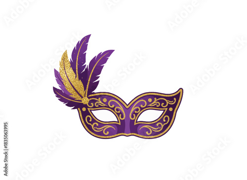 Elegant purple and gold masquerade mask with feathers, perfect for festive occasions and celebrations