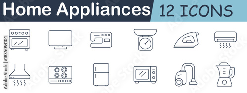 Home appliances set icon. Oven, TV, sewing machine, kitchen scale, iron, air conditioner, range hood, stove, refrigerator, microwave, vacuum, blender.