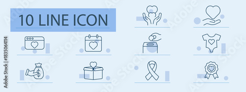 Charity set icon. Heart, hand, calendar, box, ribbon, donation, money, clothes, medal, care, hope, support, help, event, community, kindness, awareness, gift, volunteer