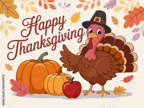 Happy Thanksgiving Turkey and Fall Decorations for Holiday Celebration