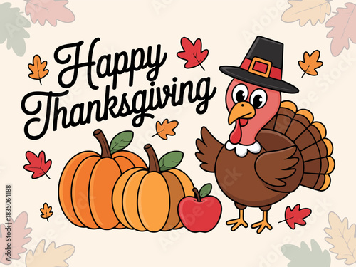 Happy Thanksgiving Turkey Illustration with Pumpkins and Autumn Leaves