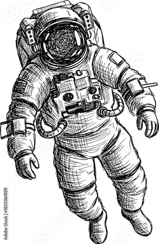 Organic ink sketch of an astronaut floating with shaky outlines and cross-hatching on white background