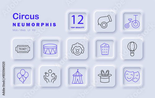 Circus set icon. Ticket, clown, cannon, drum, popcorn, tent, balloon, bike, magic hat, juggling, masks, hot air show with fun, tricks, humor, performance, acrobatics, laughter, joy.