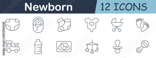 Newborn set icon. Diaper, swaddle, socks, onesie, stroller, footprints, toy train, bottle, ultrasound, crib mobile, pacifier, and rattle in infant care outline.