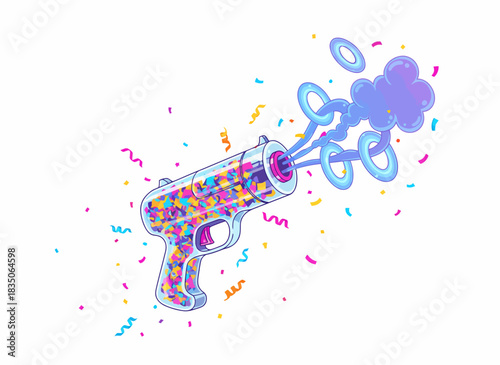 Confetti Gun Firing Colorful Confetti and Rings in a Celebration