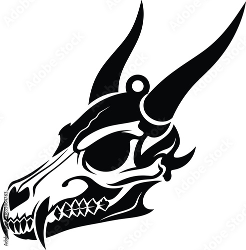 Stylized black silhouette of a dragon skull with sharp horns and teeth on a white background skeleton