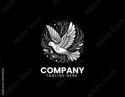 White dove line art forms peaceful flying symbol in clean black vector illustration