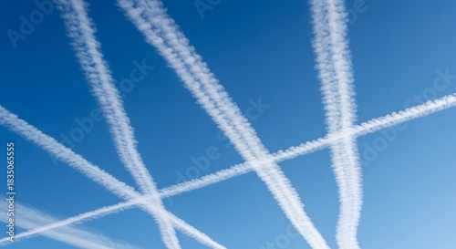 The intricate patterns of contrails high in the sky.